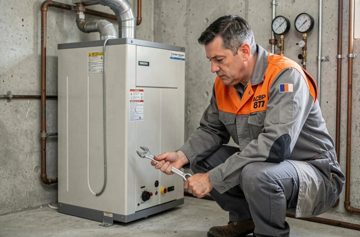 Technicien d'ACBP 87 intervenant sur un chauffe-eau dans une chaufferie résidentielle en Haute-Vienne
