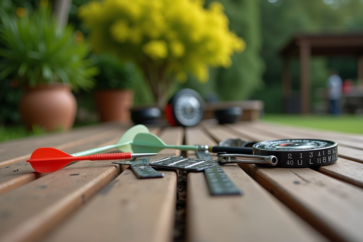 Accessoires de dards colorés sur une terrasse en plein air