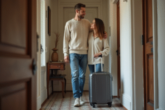 Jeune homme accueillant une femme avec valise dans un couloir parisien