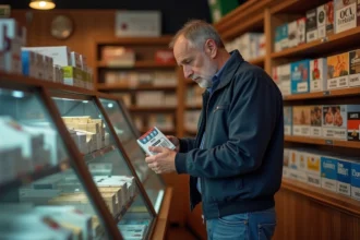 Homme d'une quarantaine d'années examinant une cartouche de cigarettes dans un bureau de tabac au Luxembourg, avec les prix affichés en arrière-plan
