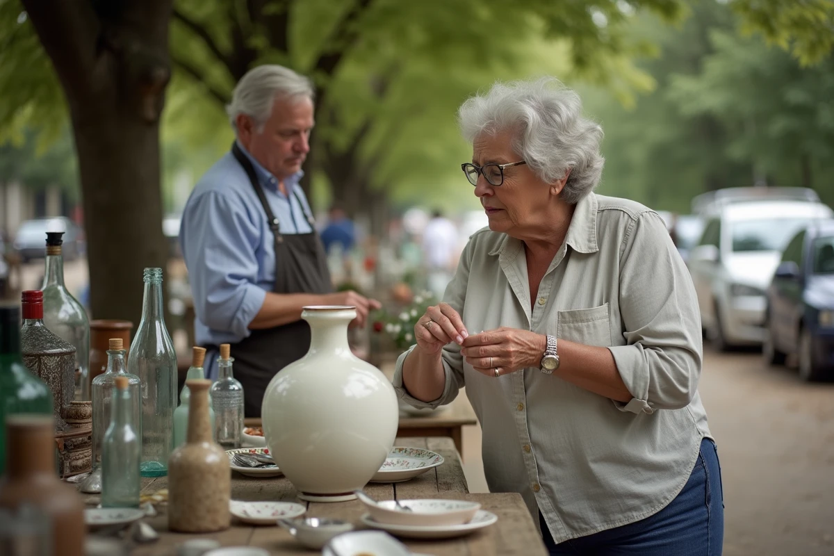Femme inspectant un objet de brocante sur un stand de vide grenier en Maine-et-Loire