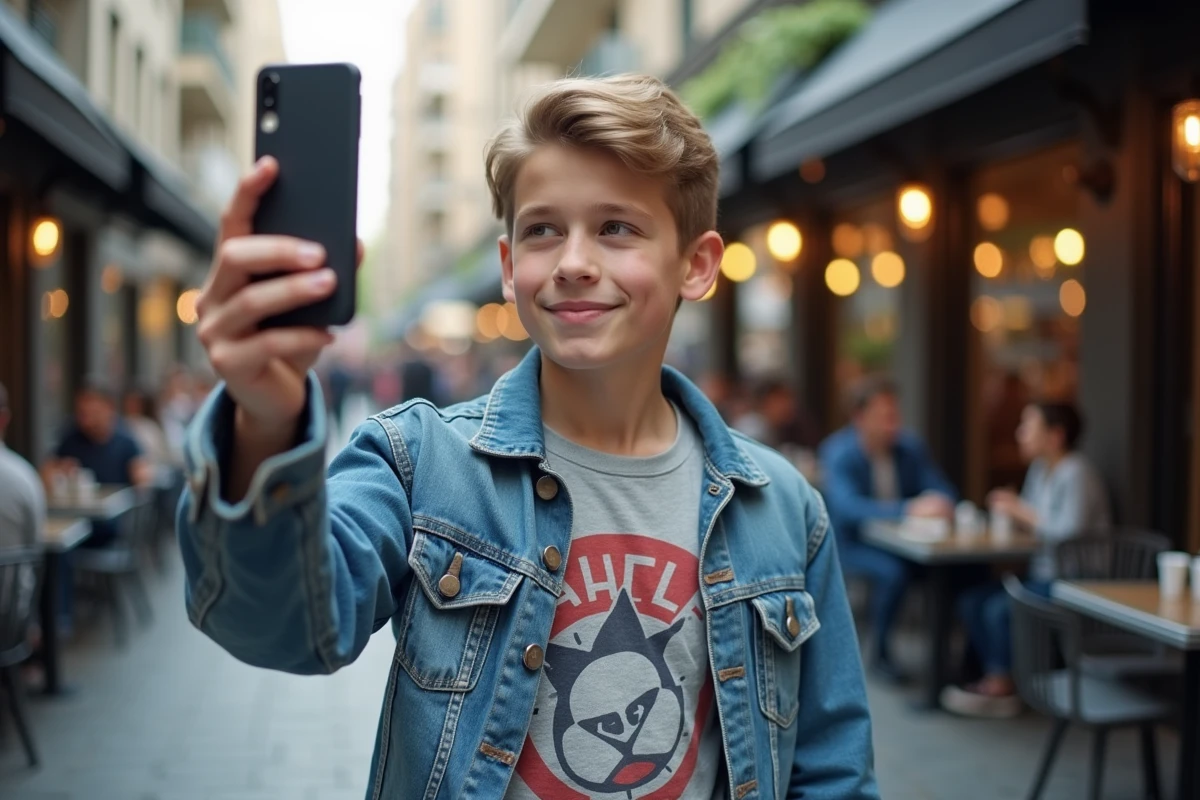 Adolescent souriant avec son téléphone dans un café urbain animé