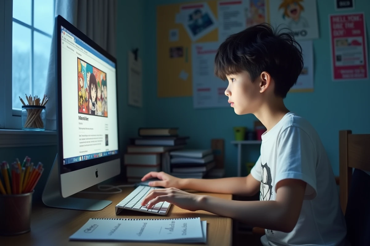 Adolescent prenant des notes sur la navigation sécurisée en lisant des mangas en ligne, illustrant les bonnes pratiques avant d'utiliser des sites comme Crunchyscan