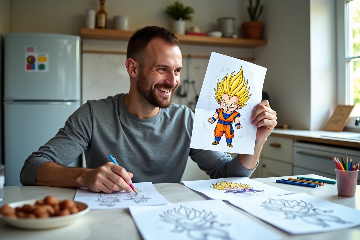 Homme adulte tenant fièrement une page Dragon Ball de Vegeta colorisée avec des crayons de couleur sur une table de cuisine