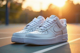 Chaussures Air Force 1 blanches sur terrain de basketball en plein soleil