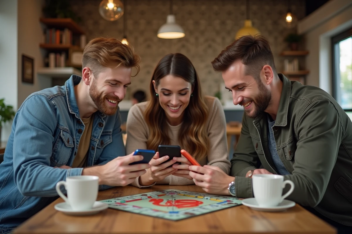 Trois amis jouent à Monopoly Go dans un café convivial