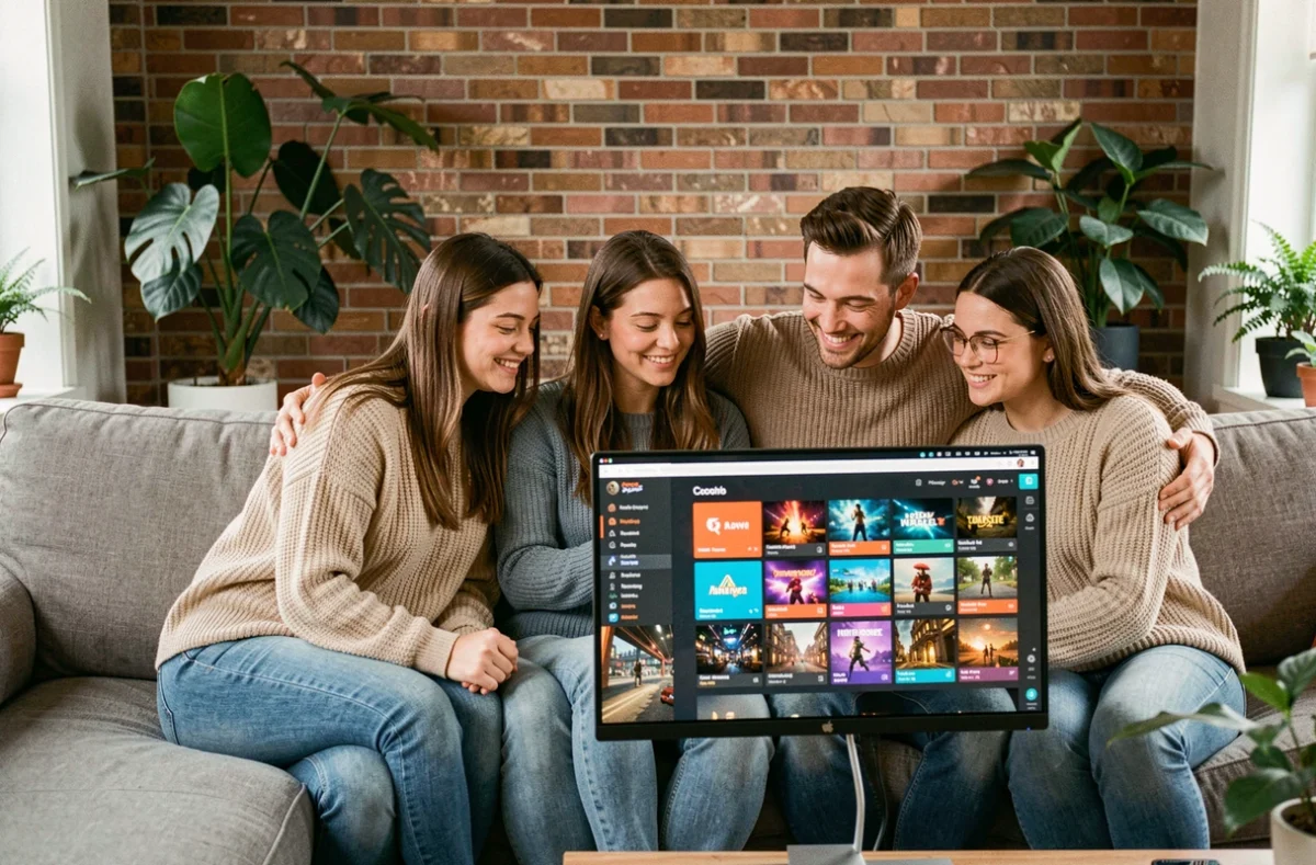 Groupe d'amis réunis autour d'un écran pour choisir un site de jeux en ligne ensemble
