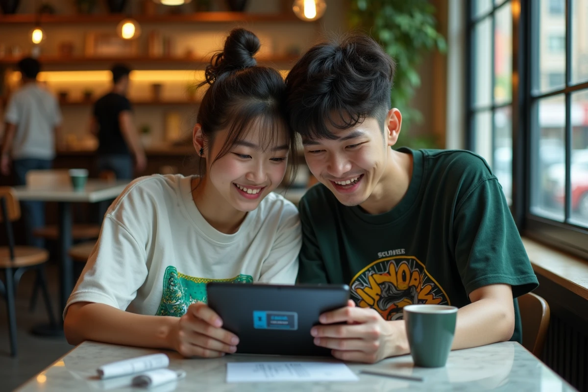 Deux amis partageant un moment de jeu anime avec un code rare sur tablette dans un café urbain