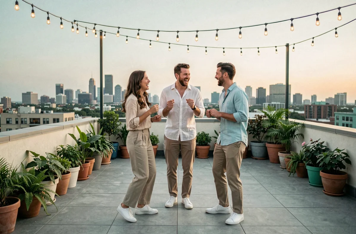 Groupe d'amis dansant sur un rooftop urbain en soirée estivale, ambiance festive et décontractée