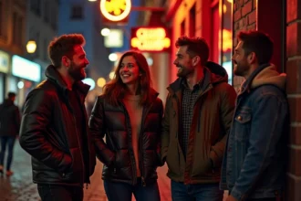 Groupe d'amis riant devant un club à Lille