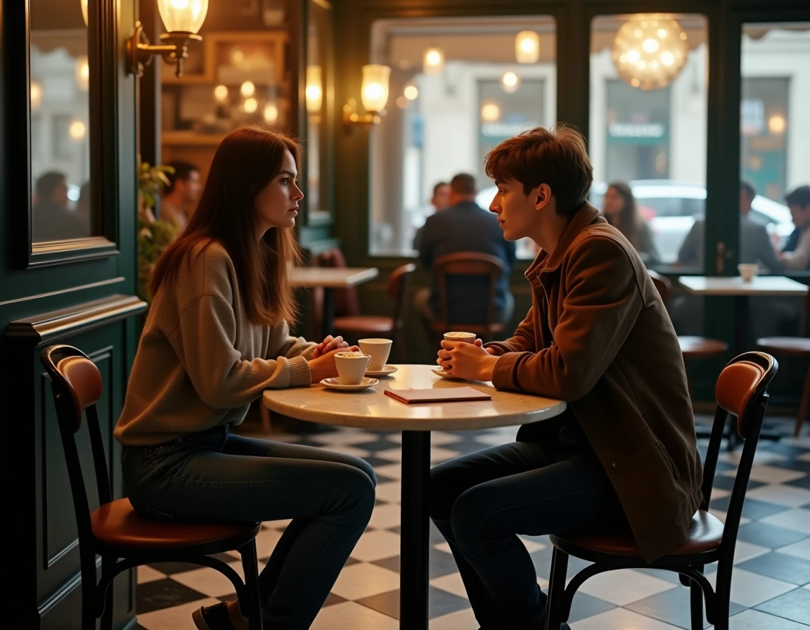 Scène de café parisien illustrant un amoureux transi face à une personne distante, avec un recueil de poésie sur la table