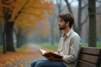 Jeune homme amoureux transi assis seul dans un parc en automne, tenant un livre ouvert, regard mélancolique et rêveur