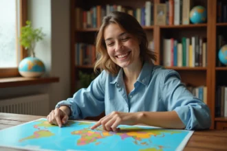 Jeune femme étudiant les capitales du monde sur une carte colorée posée sur un bureau en bois
