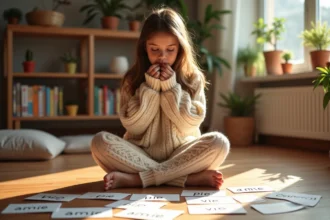 Jeune femme apprenant des rimes en -i avec des fiches colorées éparpillées sur un parquet en bois