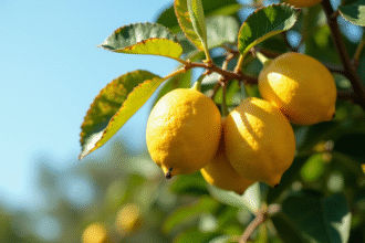 Arbre citronnier en jardin ensoleille avec citrons et feuilles jaunes