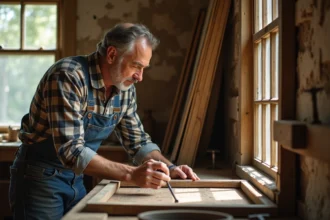 Artisan ancien examinant une fenêtre en bois centenaire