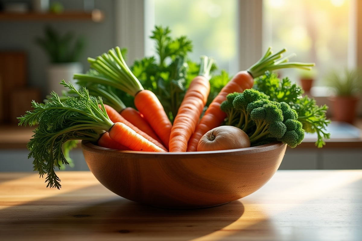 Assortiment de légumes frais riches en vitamine A dans un bol en bois