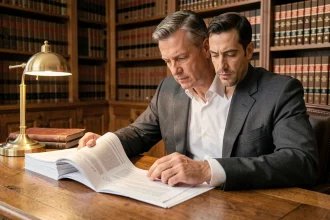 Avocat examinant des documents juridiques liés au Code de procédure civile dans un cabinet d'avocat classique
