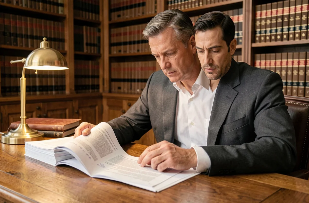 Avocat examinant des documents juridiques liés au Code de procédure civile dans un cabinet d'avocat classique