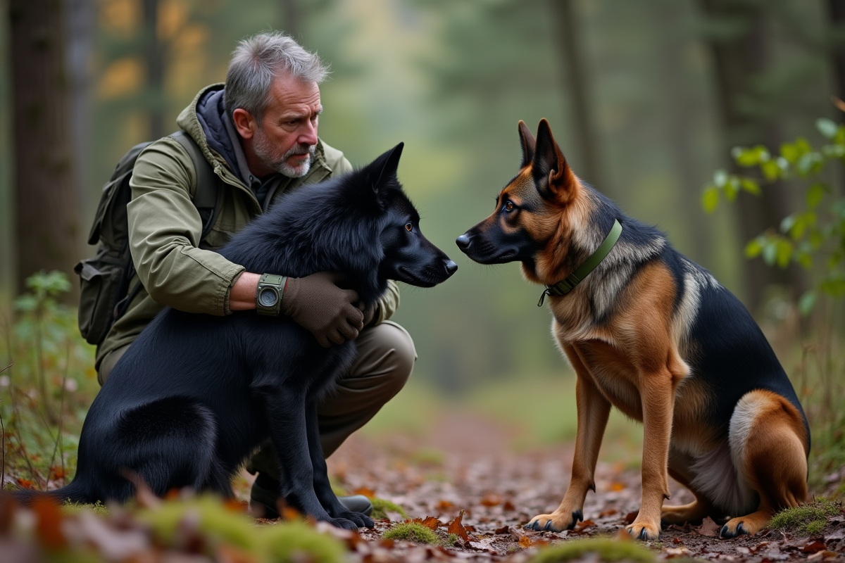 Biologiste en forêt avec un loup et un chien allemand