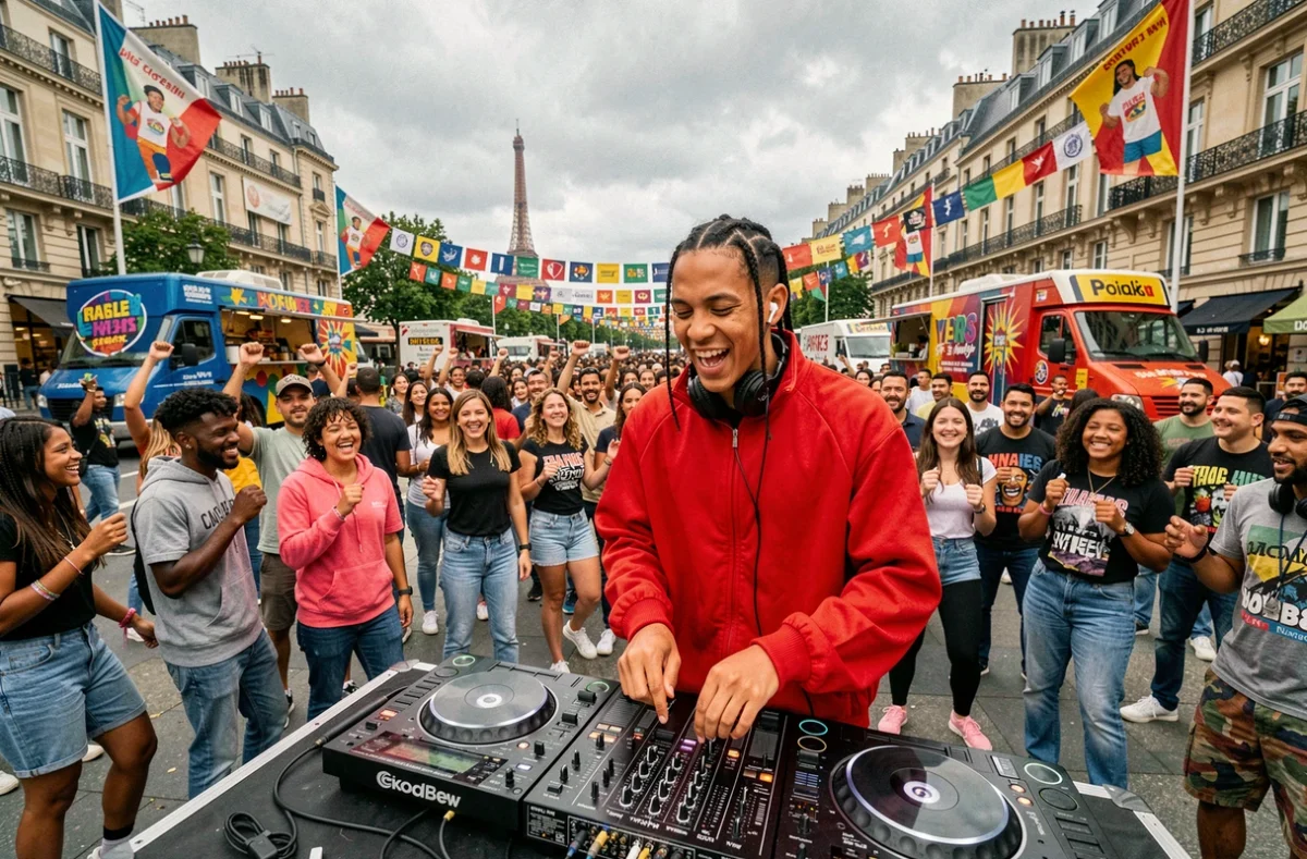 Bk Nsi animant une block party en plein air à Paris avec une foule jeune et dynamique