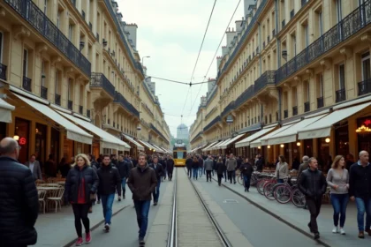 Boulevard animé d'une grande ville française avec immeubles haussmanniens et foule de passants en plein jour