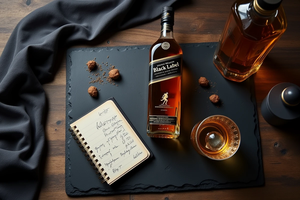 Bouteille de Johnnie Walker Black Label avec verre et notes de dégustation sur ardoise, guide du débutant