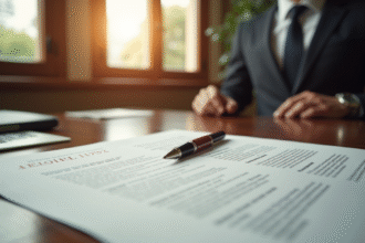 Bureau d'avocat avec document legal ouvert sur le bureau
