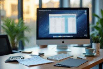 Espace de travail moderne avec calculatrice de paie et ordinateur
