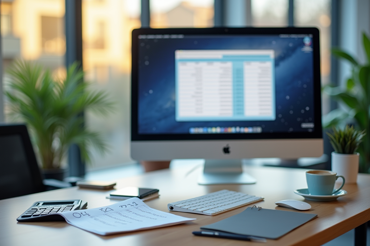 Espace de travail moderne avec calculatrice de paie et ordinateur