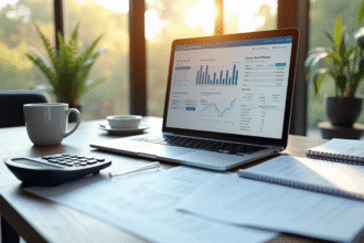 Bureau moderne avec ordinateur et finances personnelles