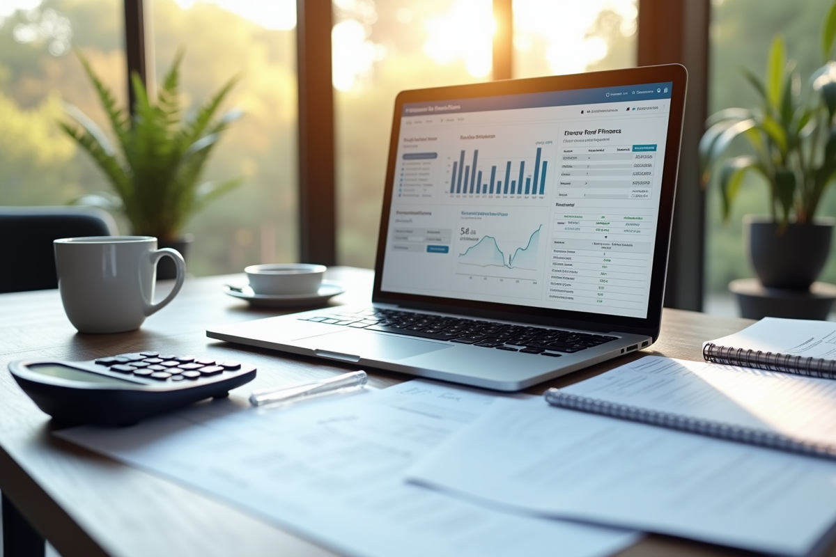 Bureau moderne avec ordinateur et finances personnelles