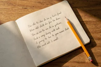 Cahier ouvert avec des vers écrits à la main et un crayon sur un bureau