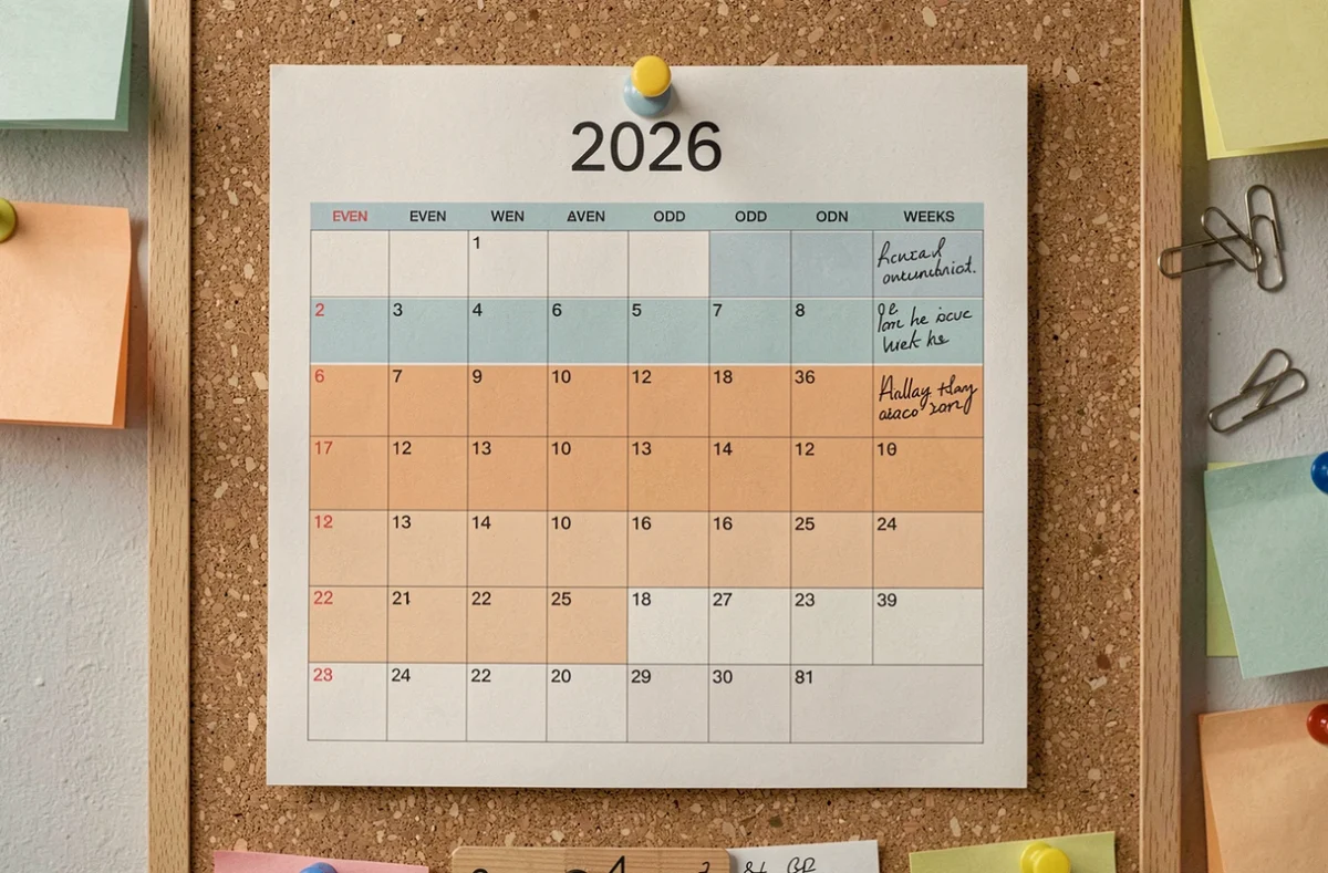 Calendrier 2026 imprimé avec codes couleur pour semaines paires et impaires épinglé sur un tableau en liège avec annotations manuscrites