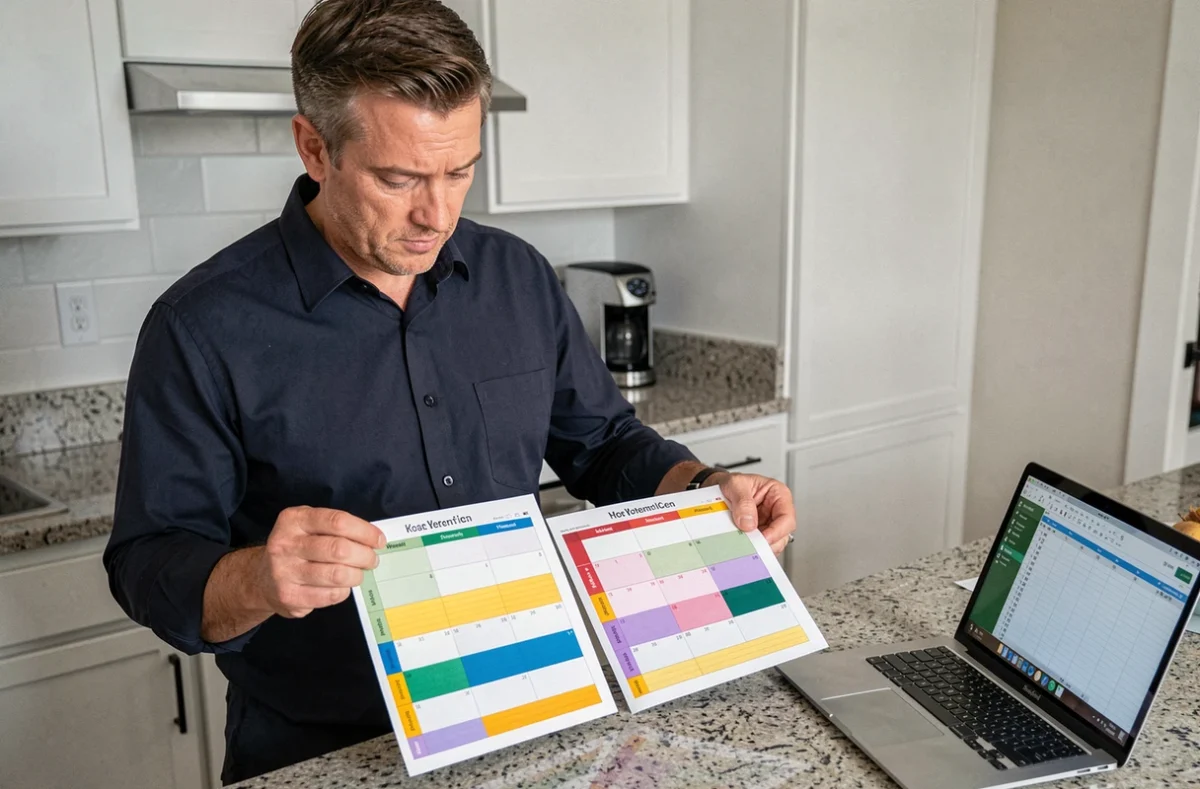 Homme comparant deux feuilles de calendrier 2026 avec semaines paires et impaires colorées sur un comptoir de cuisine moderne