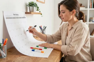Femme organisant un calendrier 2026 imprimé avec des codes couleur pour les semaines paires et impaires sur un bureau en bois