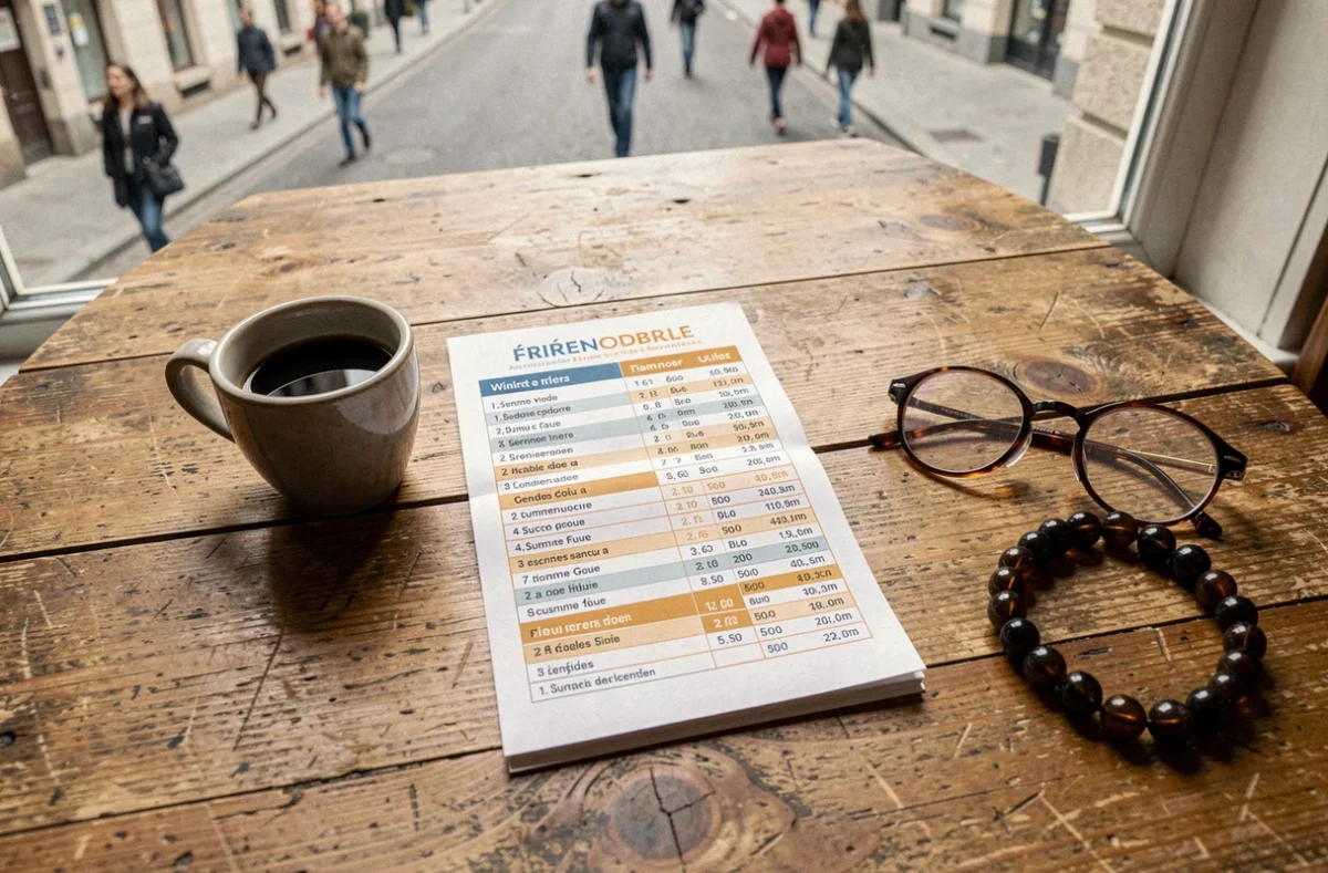 Calendrier des heures de prière en français posé sur une table en bois à Grenoble avec chapelet et tasse de café