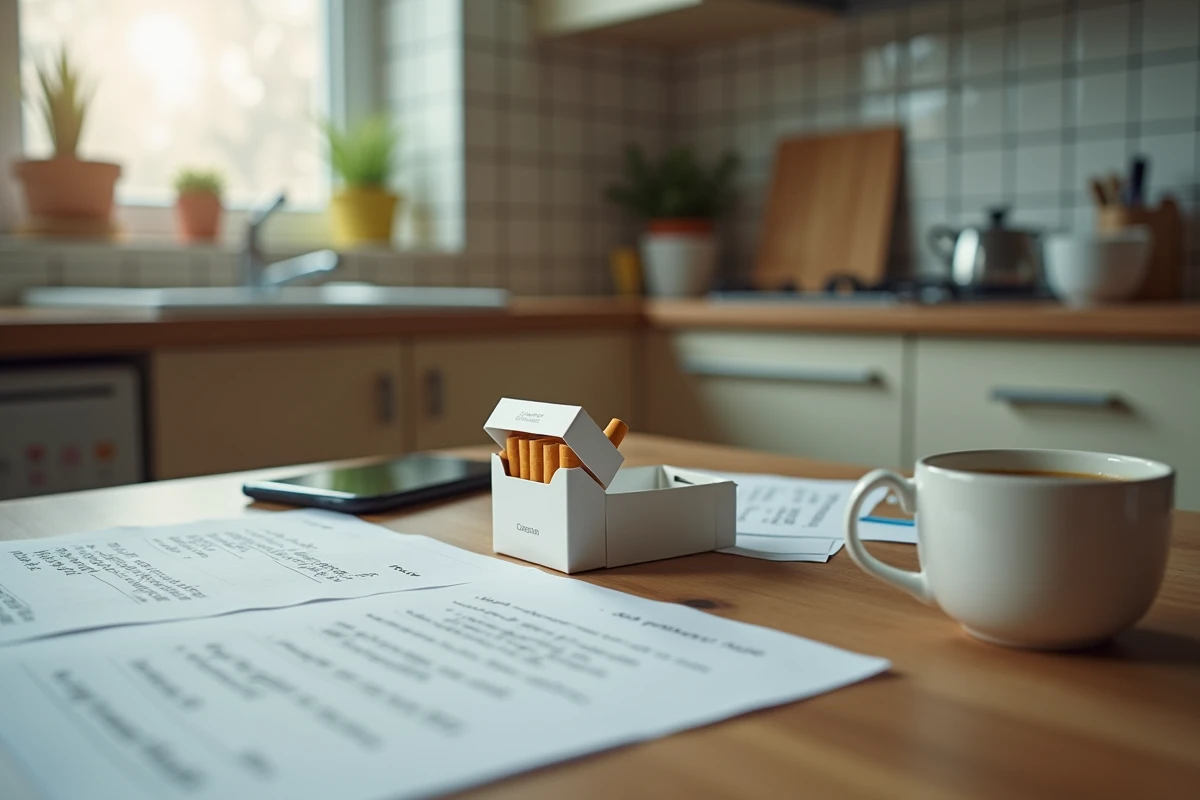 Cartouche de cigarettes ouverte posée sur une table en bois avec des notes manuscrites comparant les prix du tabac au Luxembourg