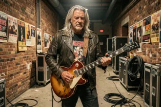 Guitariste rock américain des années 70-80 tenant une Gibson Les Paul vintage en coulisses d'une grande salle de concert
