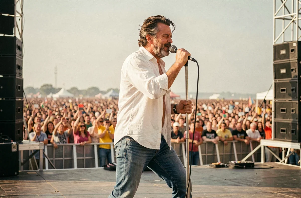Chanteur rock américain sur scène de festival en plein air, microphone en main, ambiance années 80