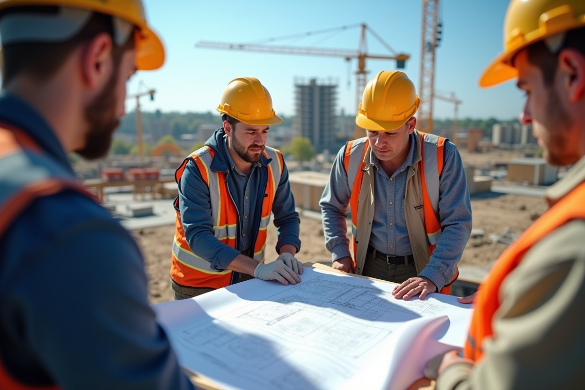 Professionnels analysant des plans sur un chantier en plein jour
