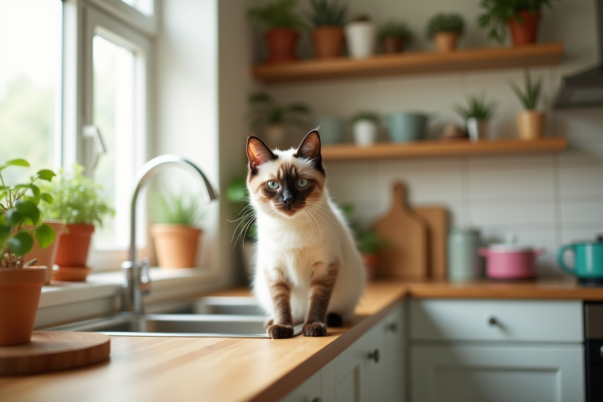 Chat siamois curieux sur le plan de travail de la cuisine