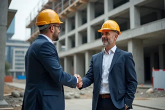 Chef de chantier en veste de travail serre la main d'un architecte