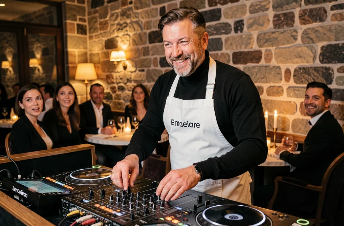 Chef Oscar, DJ au style distinctif, mixant dans un lounge-restaurant parisien élégant