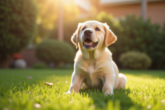 Chiot labrador doré assis dans la pelouse ensoleillée