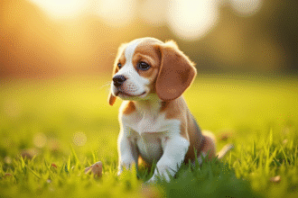 Chiot beagle citron assis dans un champ ensoleille
