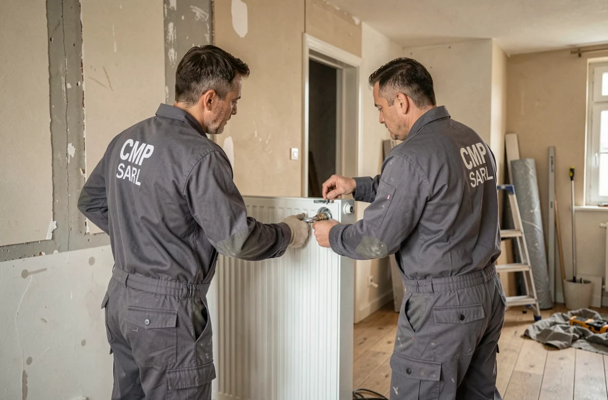 Deux techniciens de CMP SARL installant un radiateur dans une maison résidentielle en Haute-Vienne