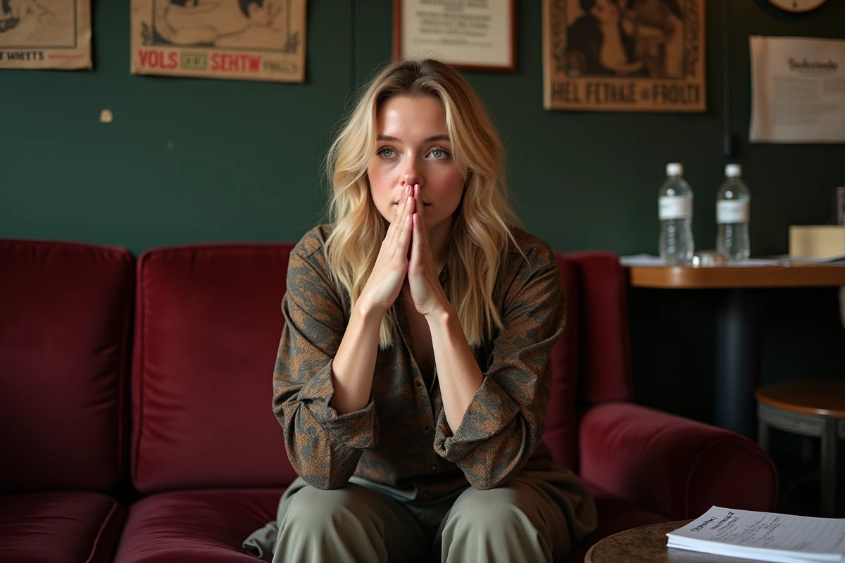Jeune femme blonde en backstage assise sur un canapé vintage