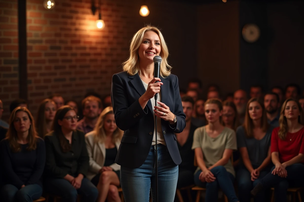 Femme blonde confiante sur scène dans un comedy club