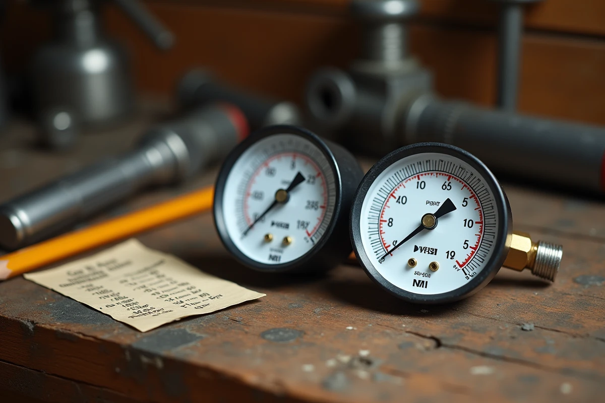 Gros plan de deux manomètres côte à côte affichant 69 PSI et 4,76 bar sur un établi d'atelier avec tableau de conversion